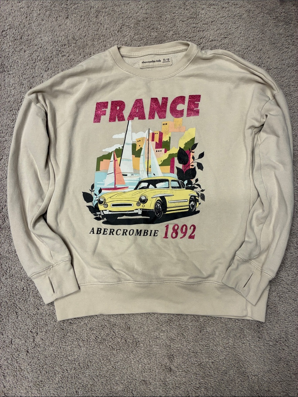 Abercrombie kids Cream Crewneck Sweatshirt with France Graphic 11/12